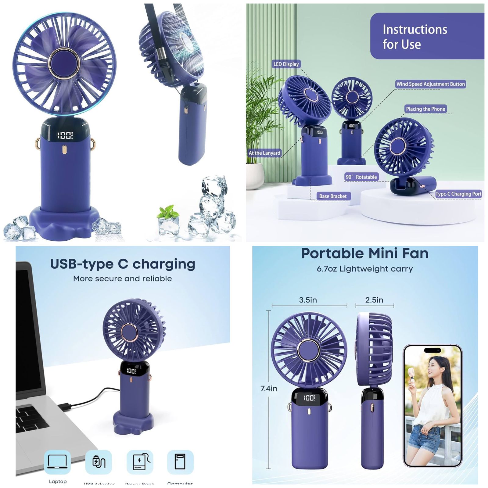 Digital Display Portable Mini Fan  5-In-1 Multipurpose USB-C Rechargeable Handheld Fan - With Cable (Random Color)