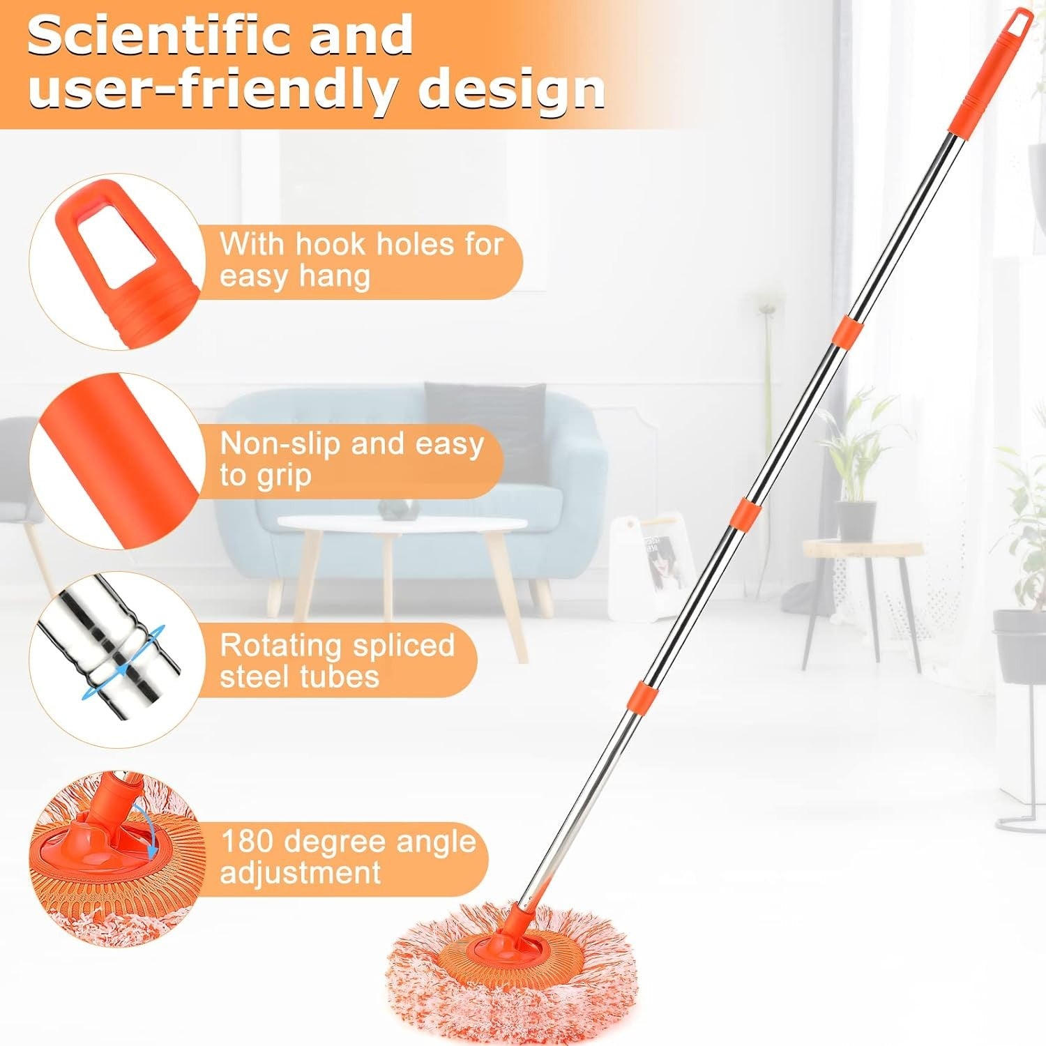 Long-Handle Telescopic Cleaning Mop  360° Rotating Microfiber Dust Mop With Detachable Head