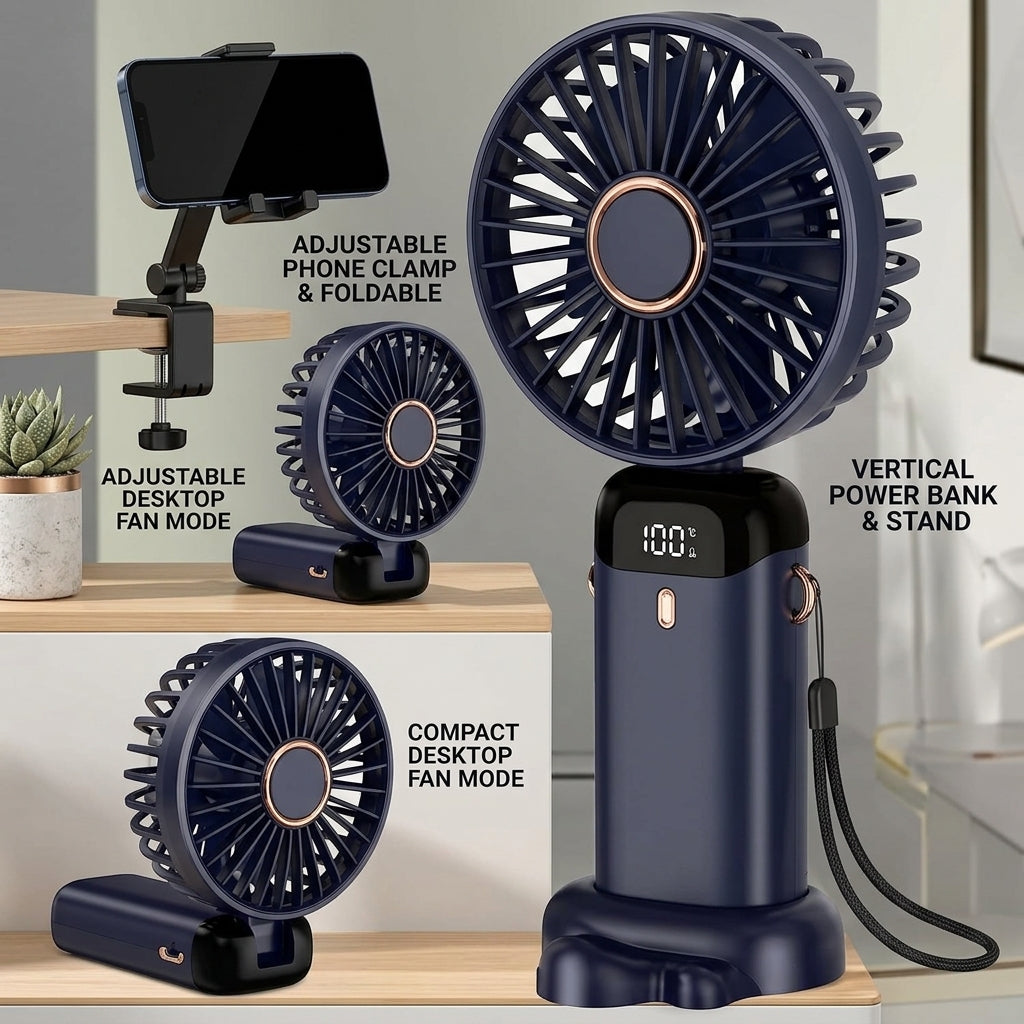 Digital Display Portable Mini Fan  5-In-1 Multipurpose USB-C Rechargeable Handheld Fan - With Cable (Random Color)